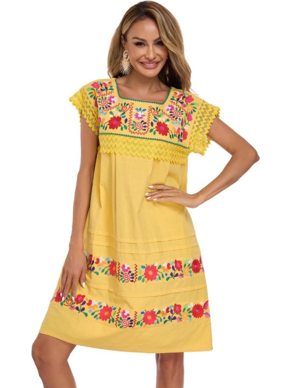 Boho Women's Floral Embroidered Short Sleeve Peasant Dress - Mexican Style